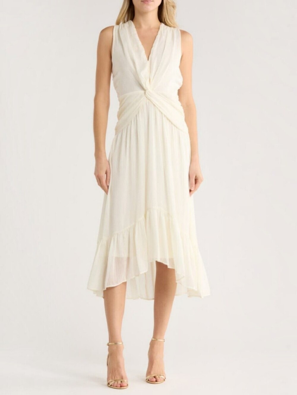 DKNY Cream Twist Front Midi Dress w/ Asymmetrical Flowy Hem 10 NWT Shimmery
